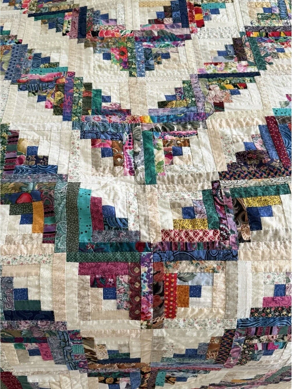 King 3pc Vintage Log Cabin Quilt Set Hand Quilted Scrappy Patchwork Shams 98x98